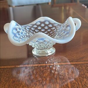 Fenton French Opalescent hobnail crimped bonbon with handles